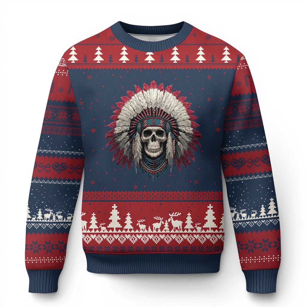 Native American Indian Chief Skull Headdress Ugly Christmas Sweater - Wonder Print Shop
