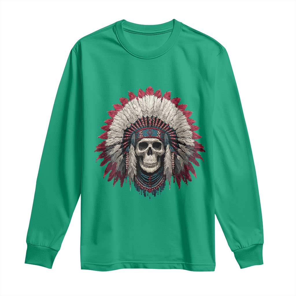 Native American Indian Chief Skull Headdress Long Sleeve Shirt - Wonder Print Shop