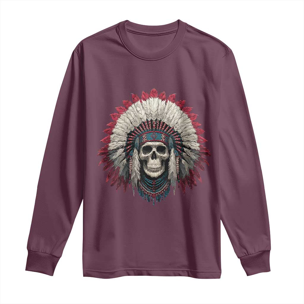 Native American Indian Chief Skull Headdress Long Sleeve Shirt - Wonder Print Shop