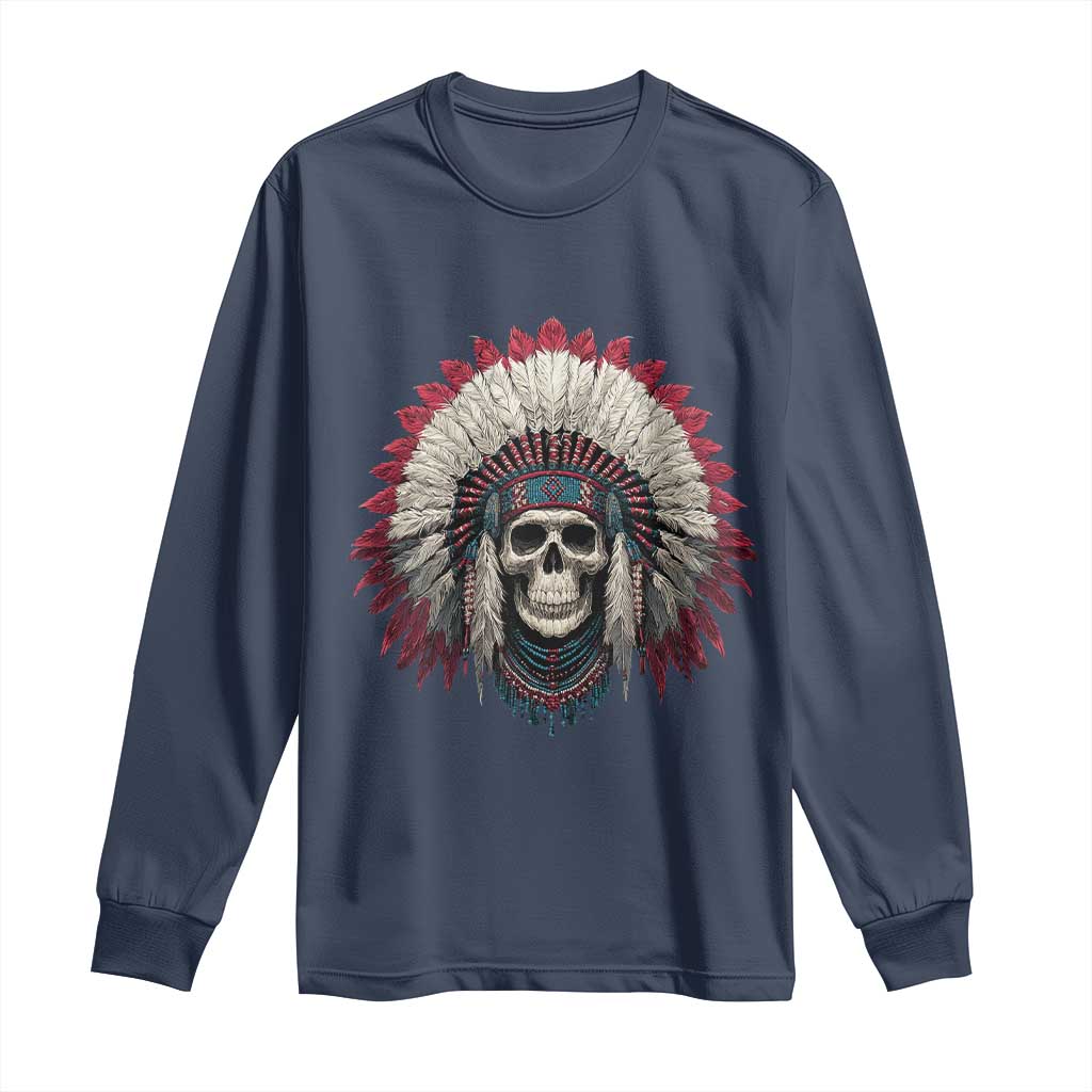 Native American Indian Chief Skull Headdress Long Sleeve Shirt - Wonder Print Shop