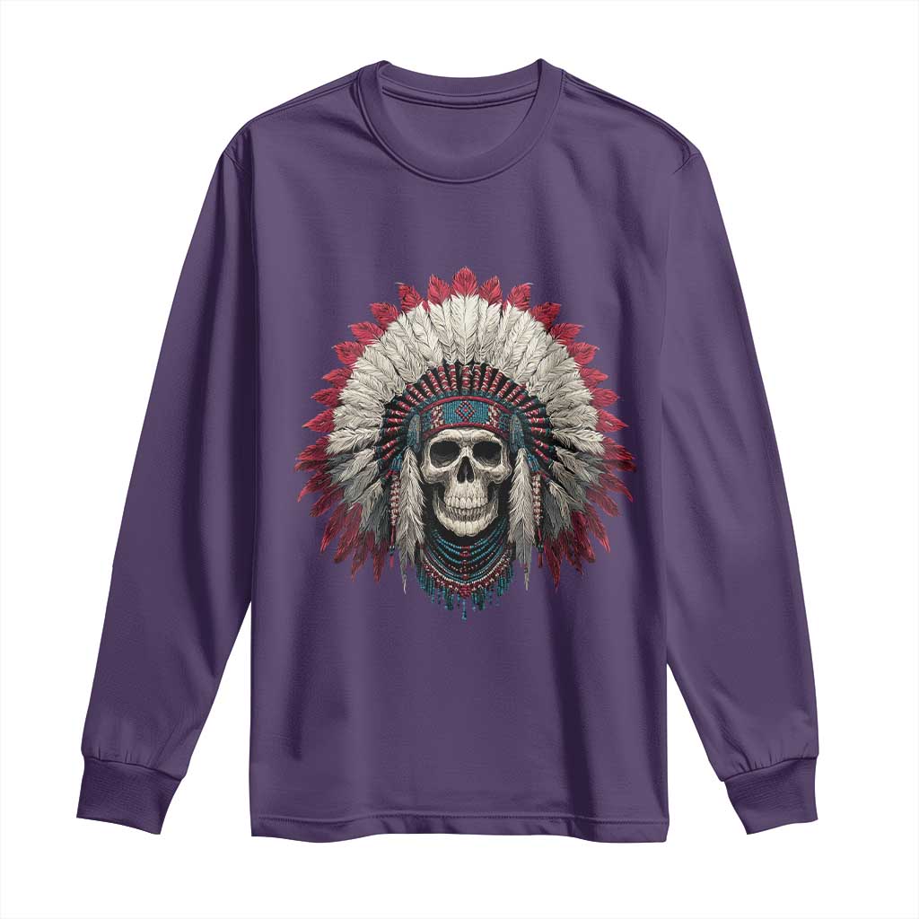 Native American Indian Chief Skull Headdress Long Sleeve Shirt - Wonder Print Shop