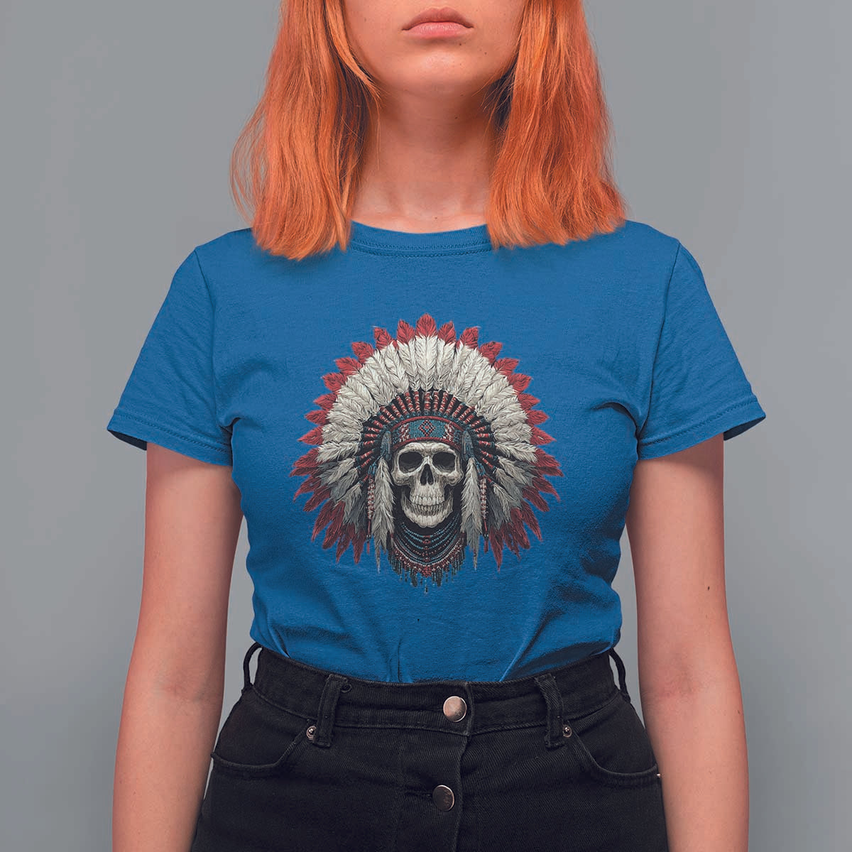 Native American Indian Chief Skull Headdress T Shirt For Women - Wonder Print Shop