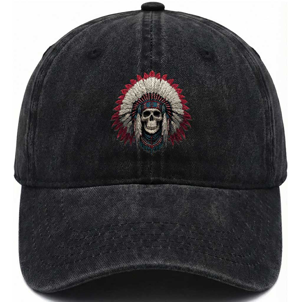 Native American Indian Chief Skull Headdress Washed Cotton Baseball Cap
