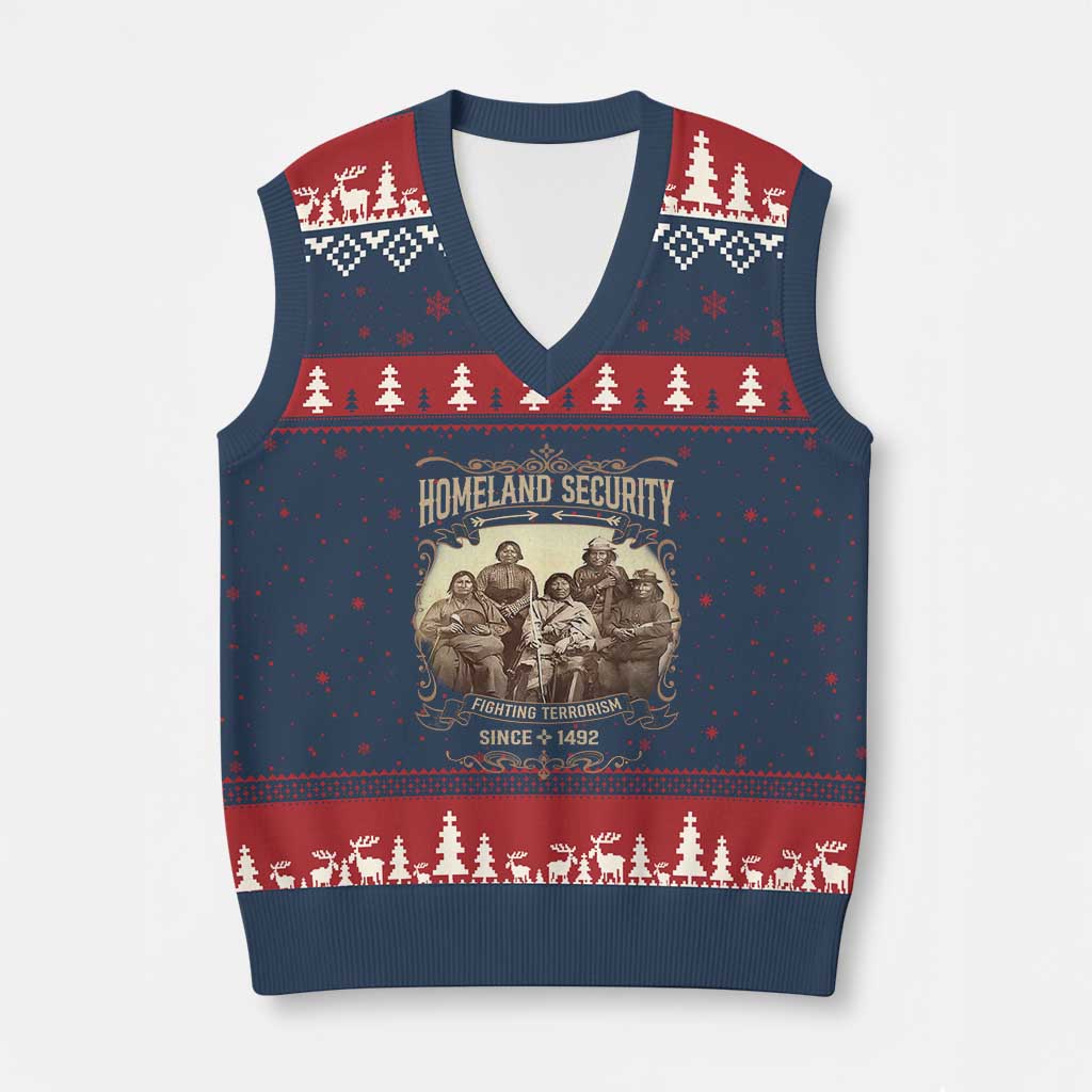 Homeland Security Fighting Terrorism Since 1492 V-Neck Knit Sweater Vest Native American History - Wonder Print Shop