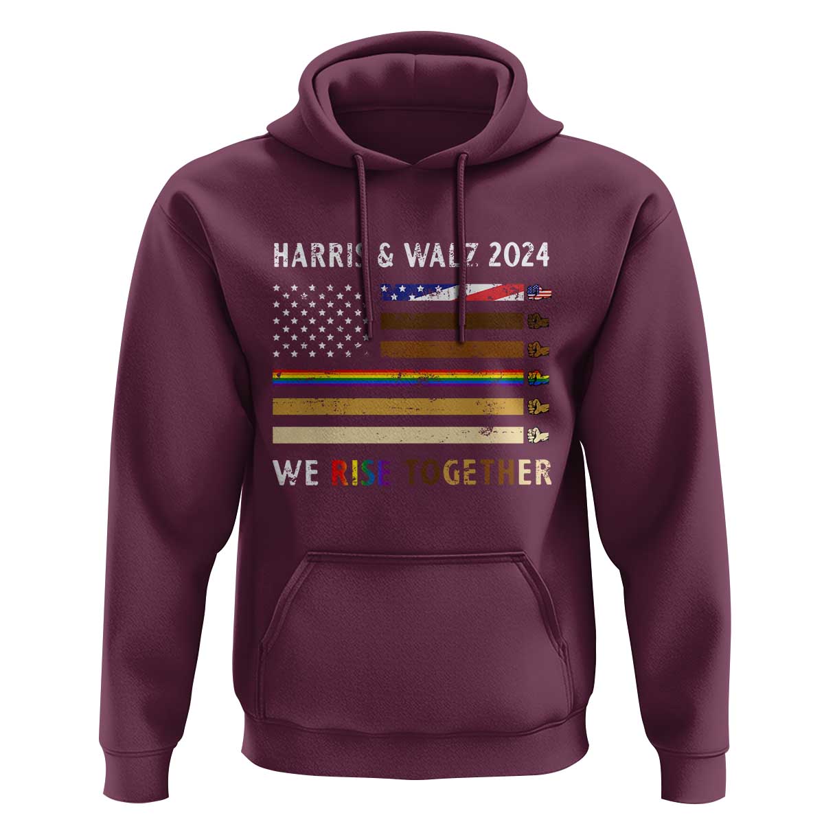 Harris Walz 2024 Hoodie We Rise Together Vintage American Flag - Wonder Print Shop