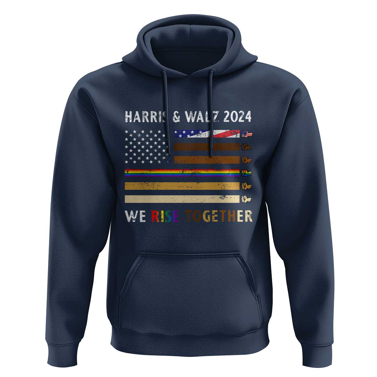 Harris Walz 2024 Hoodie We Rise Together Vintage American Flag - Wonder Print Shop
