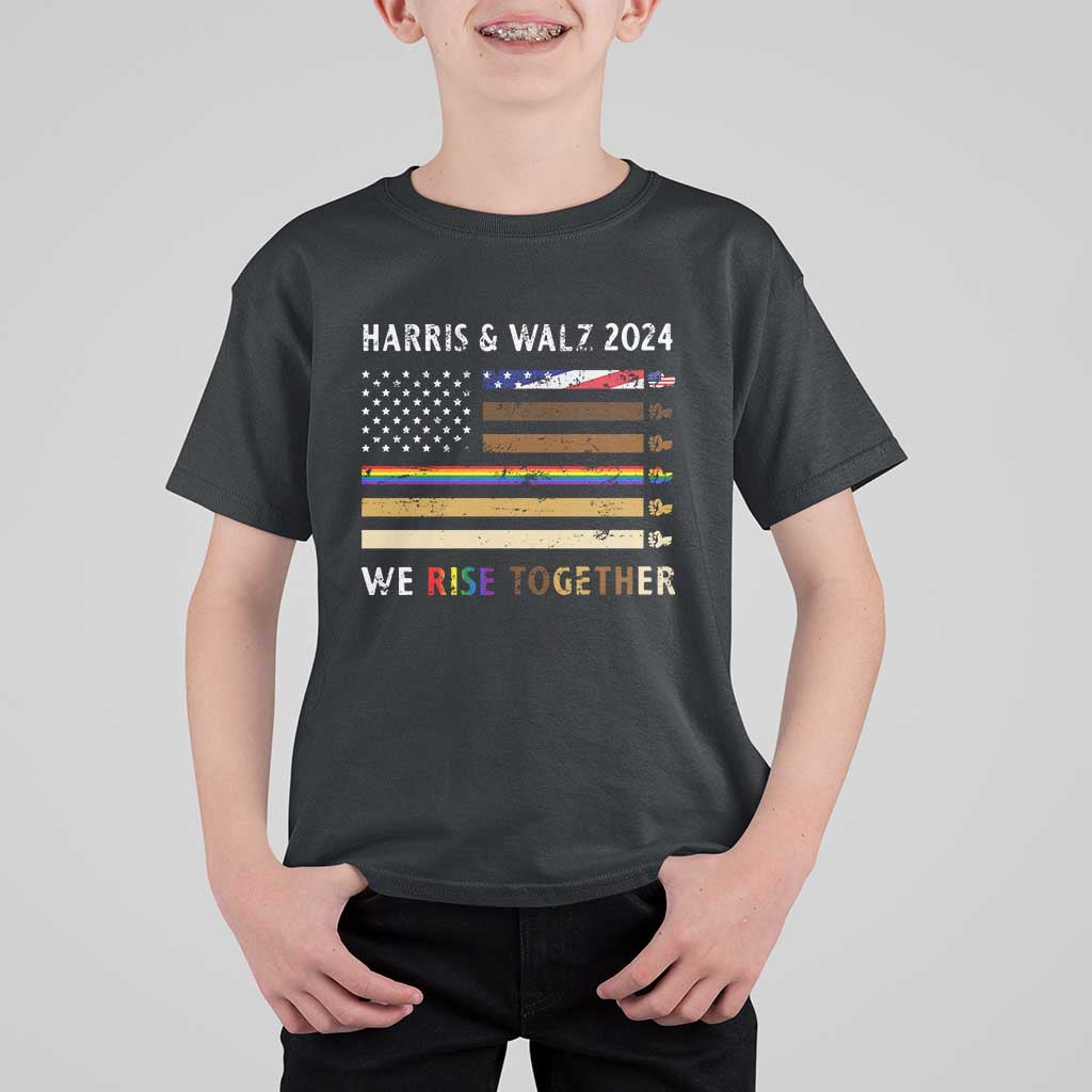 Harris Walz 2024 T Shirt For Kid We Rise Together Vintage American Flag - Wonder Print Shop