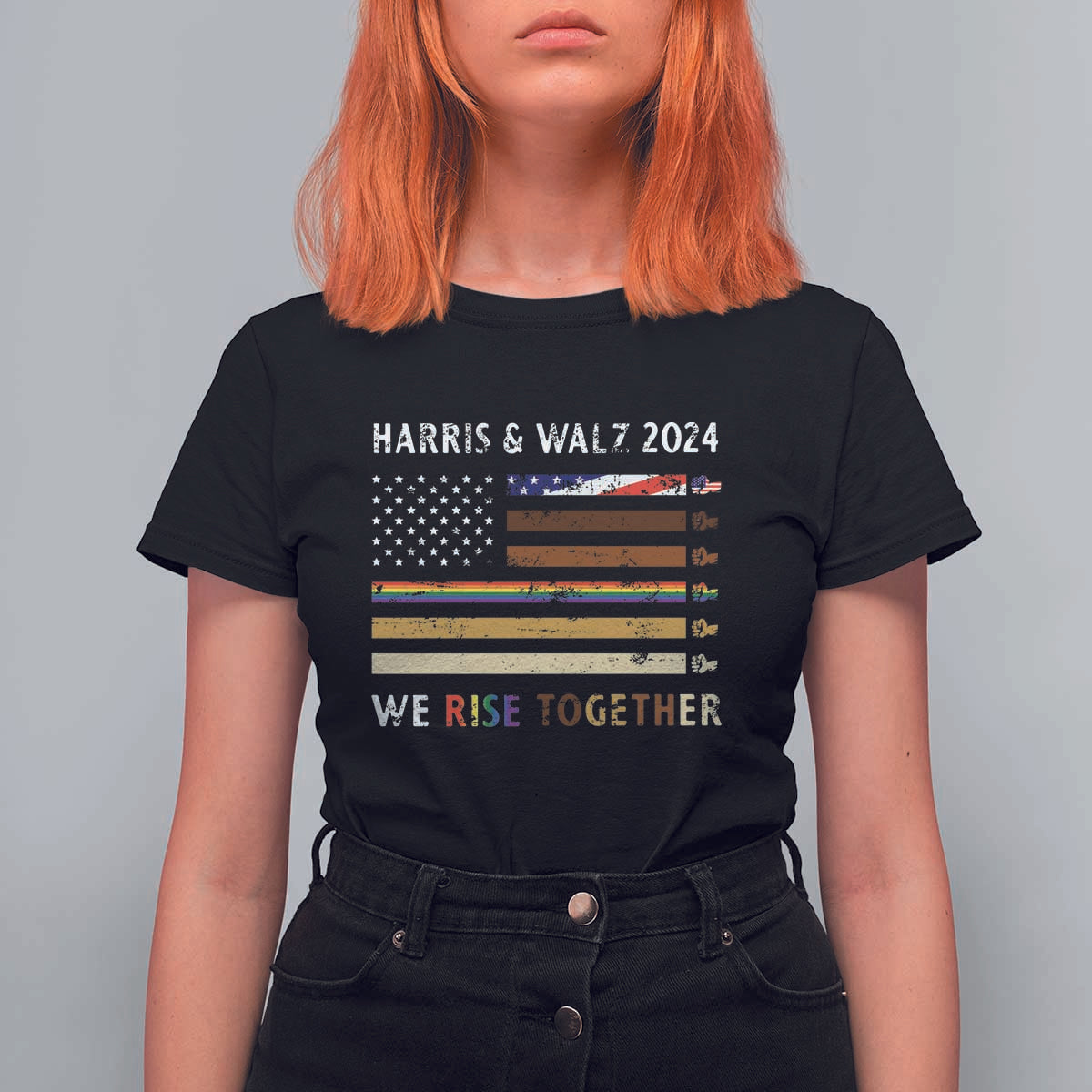 Harris Walz 2024 T Shirt For Women We Rise Together Vintage American Flag - Wonder Print Shop