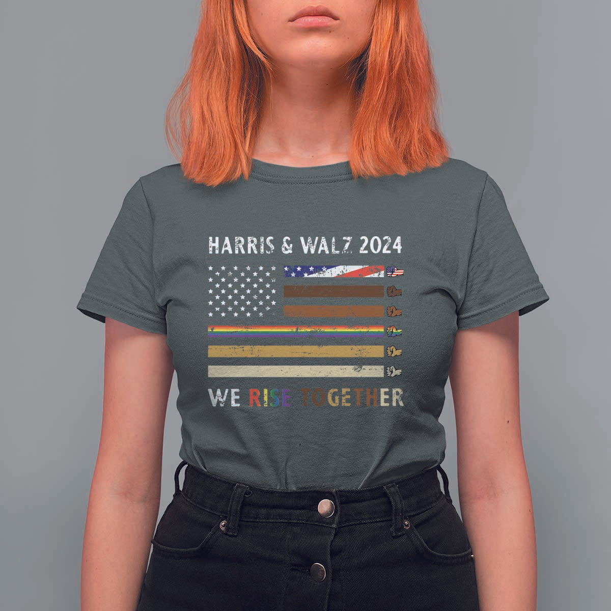 Harris Walz 2024 T Shirt For Women We Rise Together Vintage American Flag - Wonder Print Shop