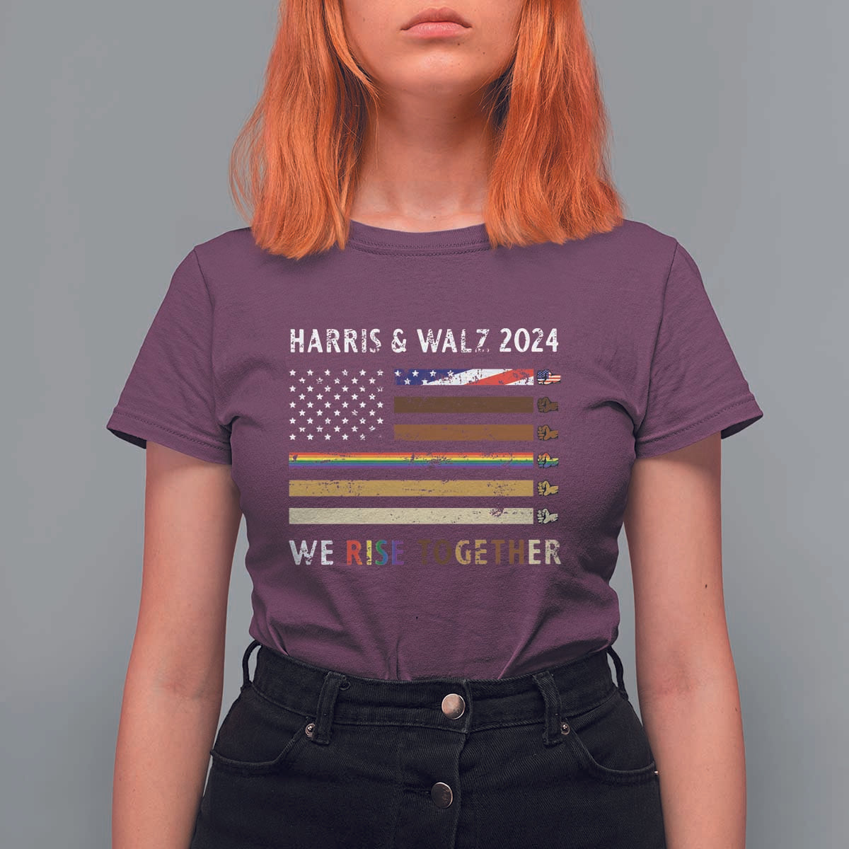 Harris Walz 2024 T Shirt For Women We Rise Together Vintage American Flag - Wonder Print Shop
