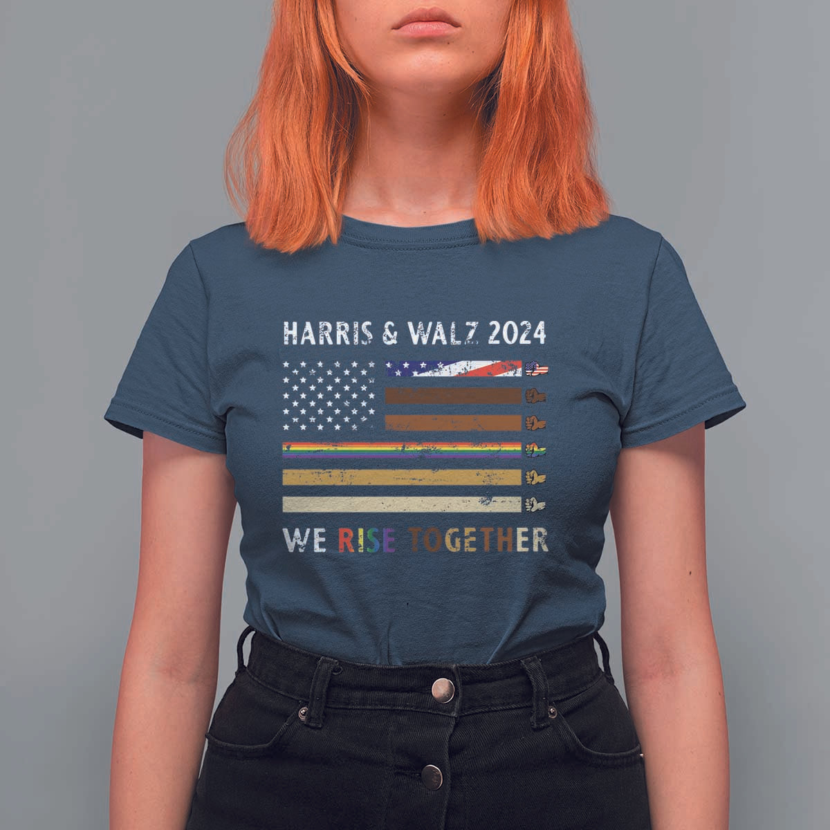 Harris Walz 2024 T Shirt For Women We Rise Together Vintage American Flag - Wonder Print Shop