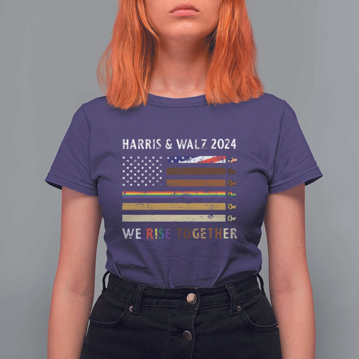 Harris Walz 2024 T Shirt For Women We Rise Together Vintage American Flag - Wonder Print Shop