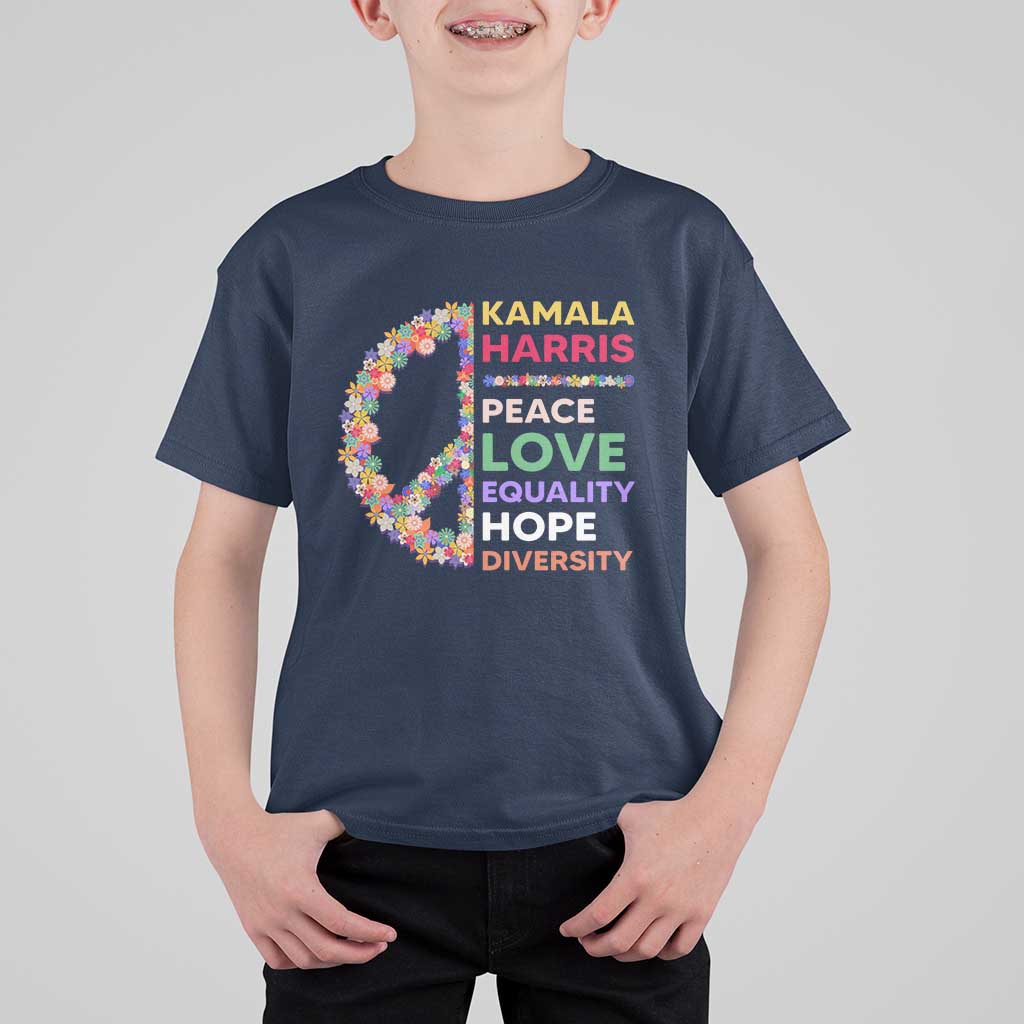 Harris Supporter T Shirt For Kid Peace Love Equality Hope Diversity Retro Flower Peace Sign - Wonder Print Shop