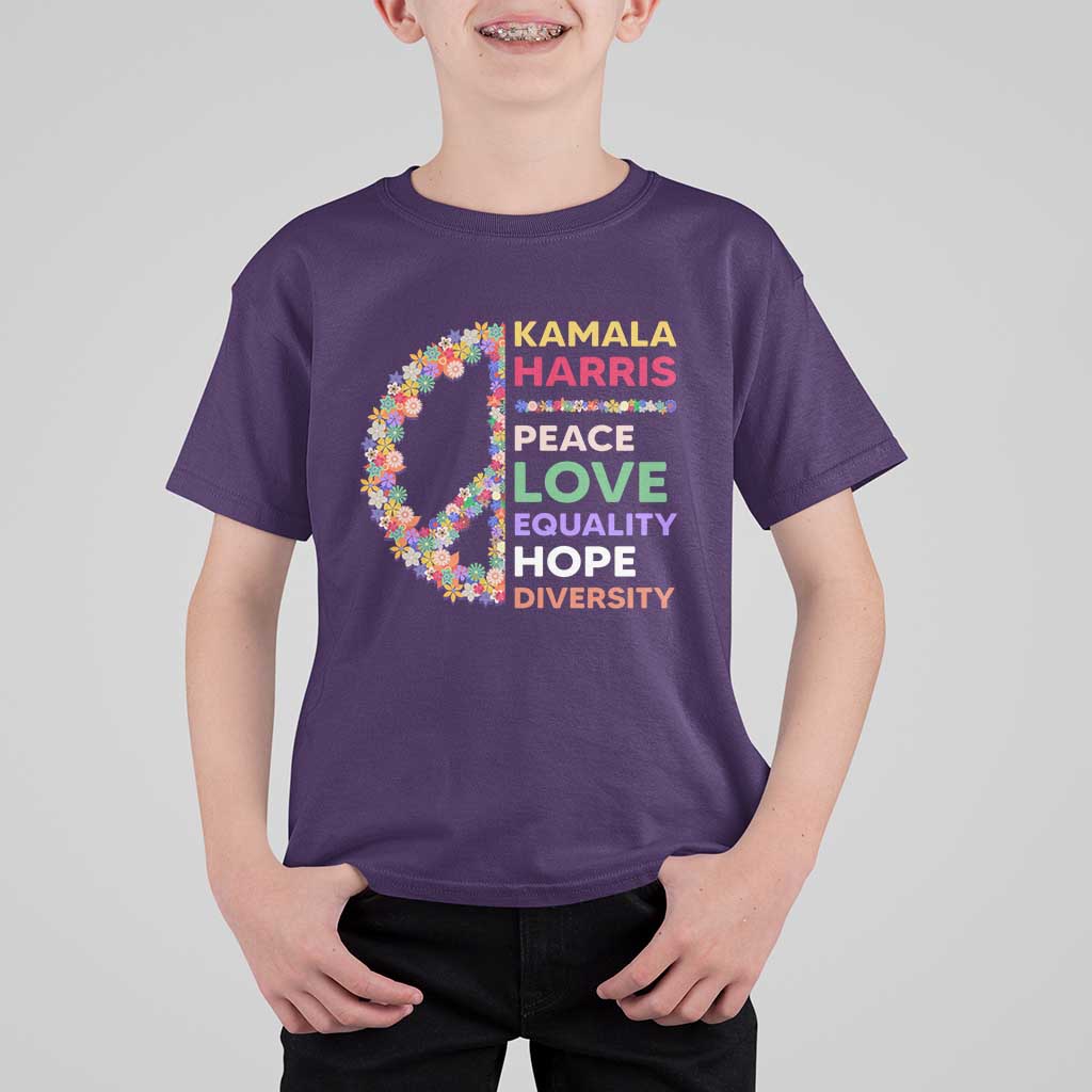 Harris Supporter T Shirt For Kid Peace Love Equality Hope Diversity Retro Flower Peace Sign - Wonder Print Shop