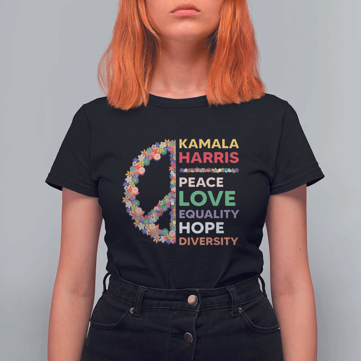 Harris Supporter T Shirt For Women Peace Love Equality Hope Diversity Retro Flower Peace Sign - Wonder Print Shop