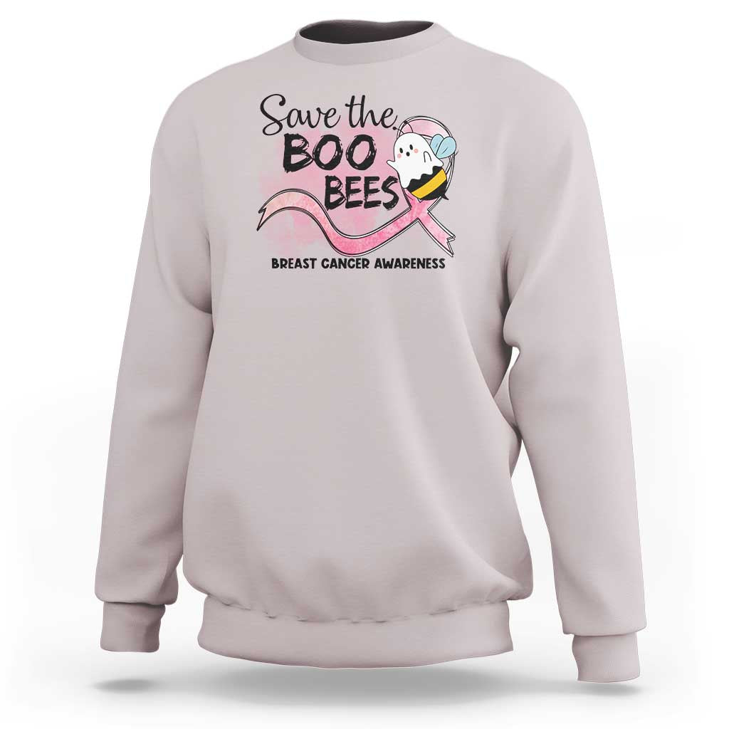 Funny Breast Cancer Halloween Sweatshirt Save The Boobees Ghost Bee Pink Ribbon - Wonder Print Shop