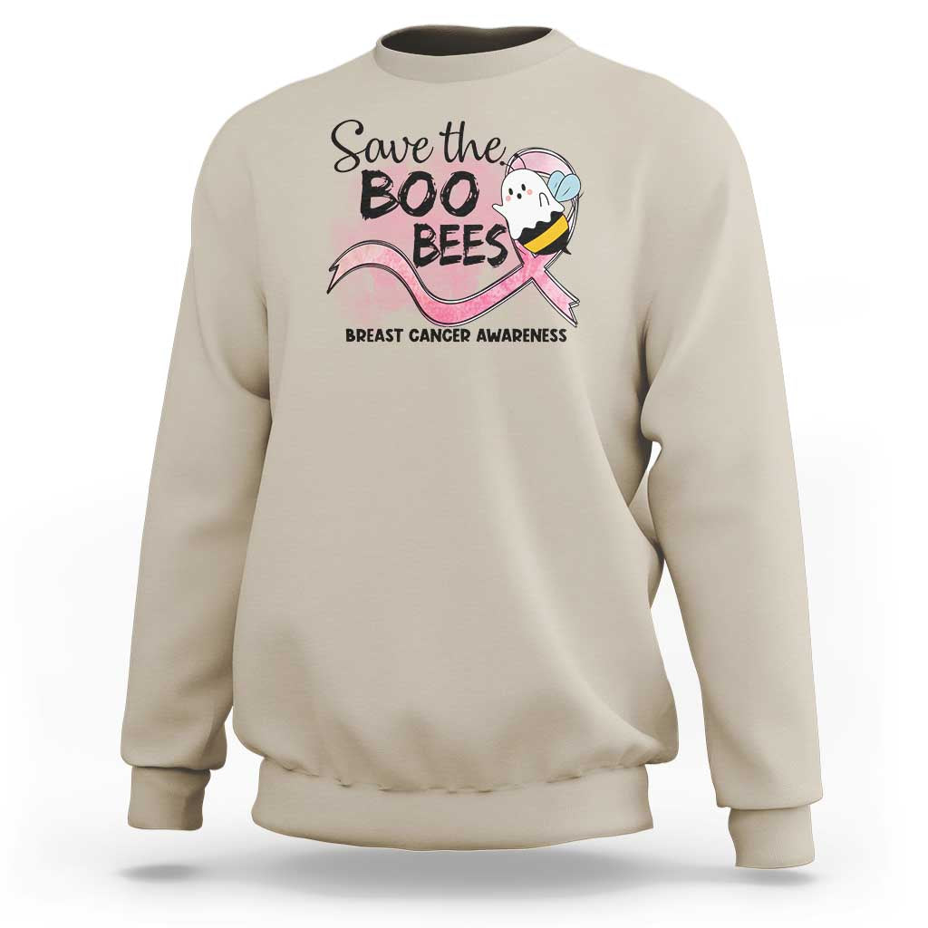 Funny Breast Cancer Halloween Sweatshirt Save The Boobees Ghost Bee Pink Ribbon - Wonder Print Shop