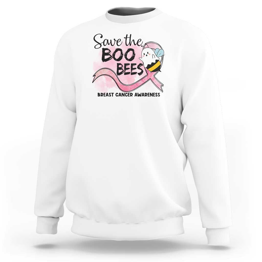 Funny Breast Cancer Halloween Sweatshirt Save The Boobees Ghost Bee Pink Ribbon - Wonder Print Shop