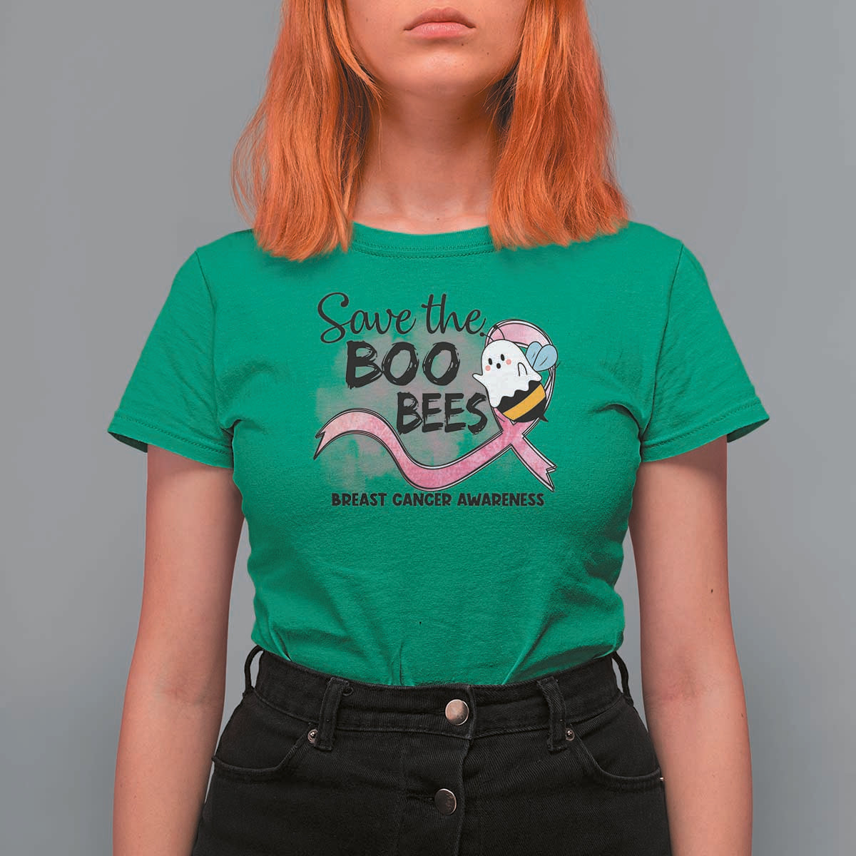 Funny Breast Cancer Halloween T Shirt For Women Save The Boobees Ghost Bee Pink Ribbon - Wonder Print Shop