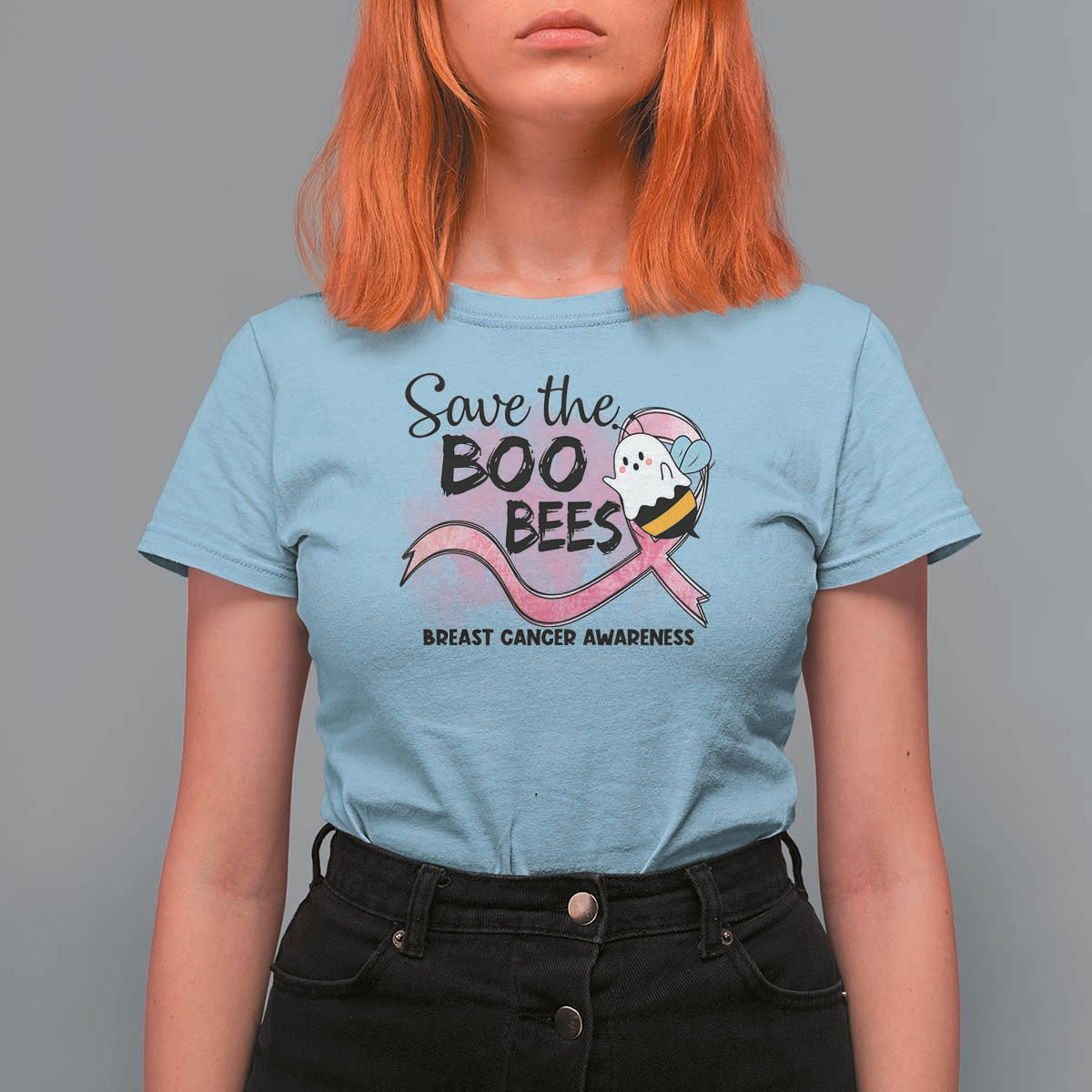 Funny Breast Cancer Halloween T Shirt For Women Save The Boobees Ghost Bee Pink Ribbon - Wonder Print Shop