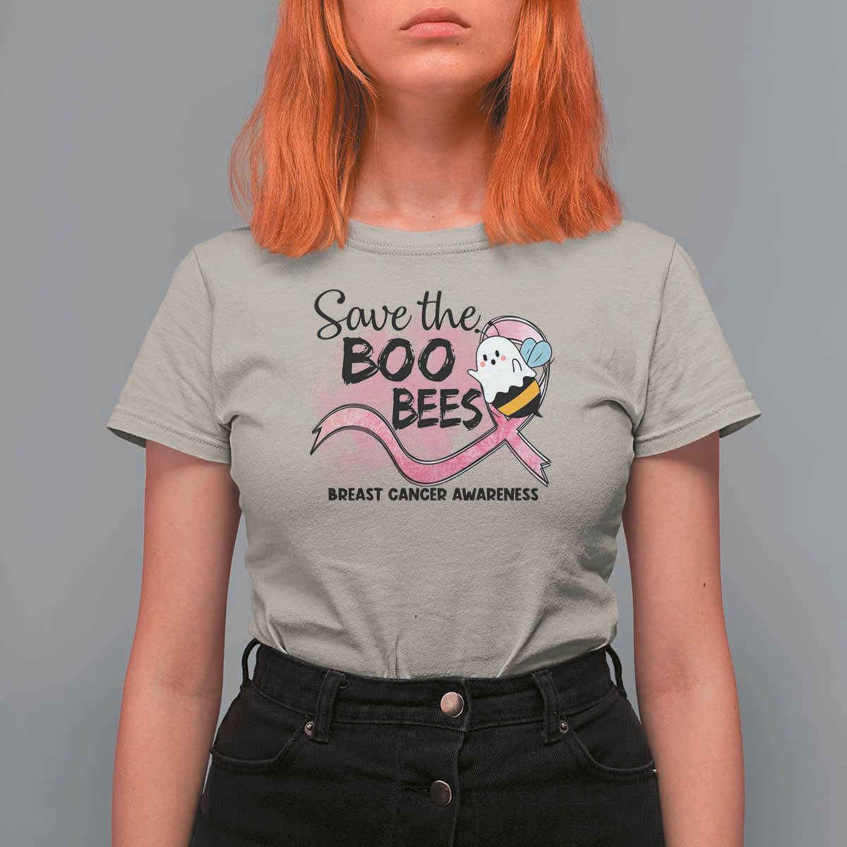 Funny Breast Cancer Halloween T Shirt For Women Save The Boobees Ghost Bee Pink Ribbon - Wonder Print Shop