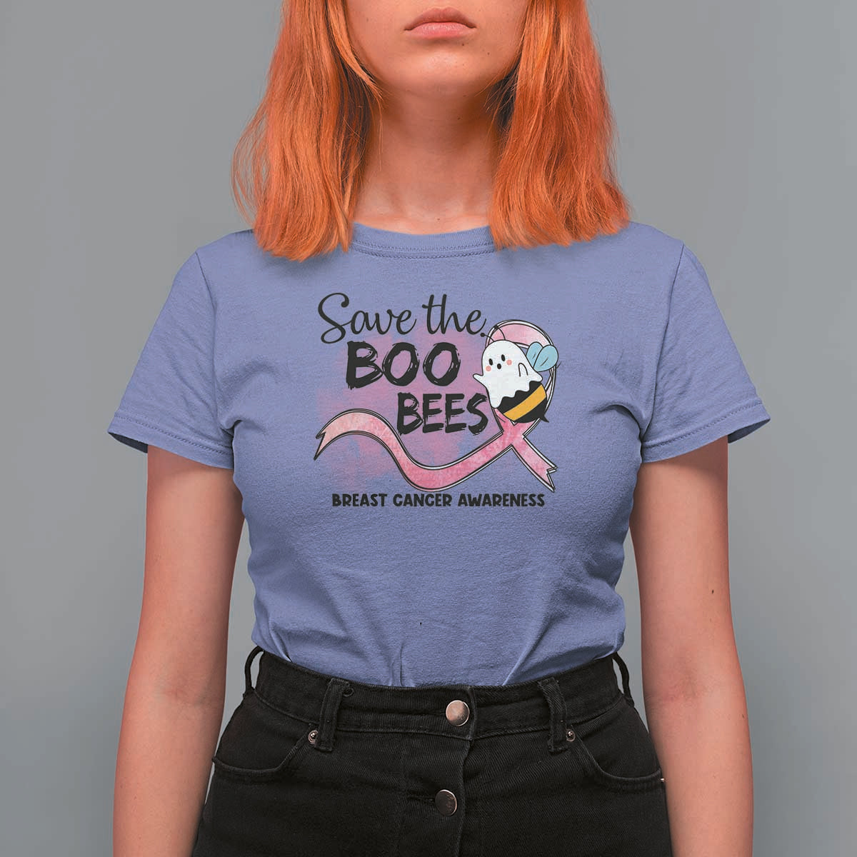 Funny Breast Cancer Halloween T Shirt For Women Save The Boobees Ghost Bee Pink Ribbon - Wonder Print Shop