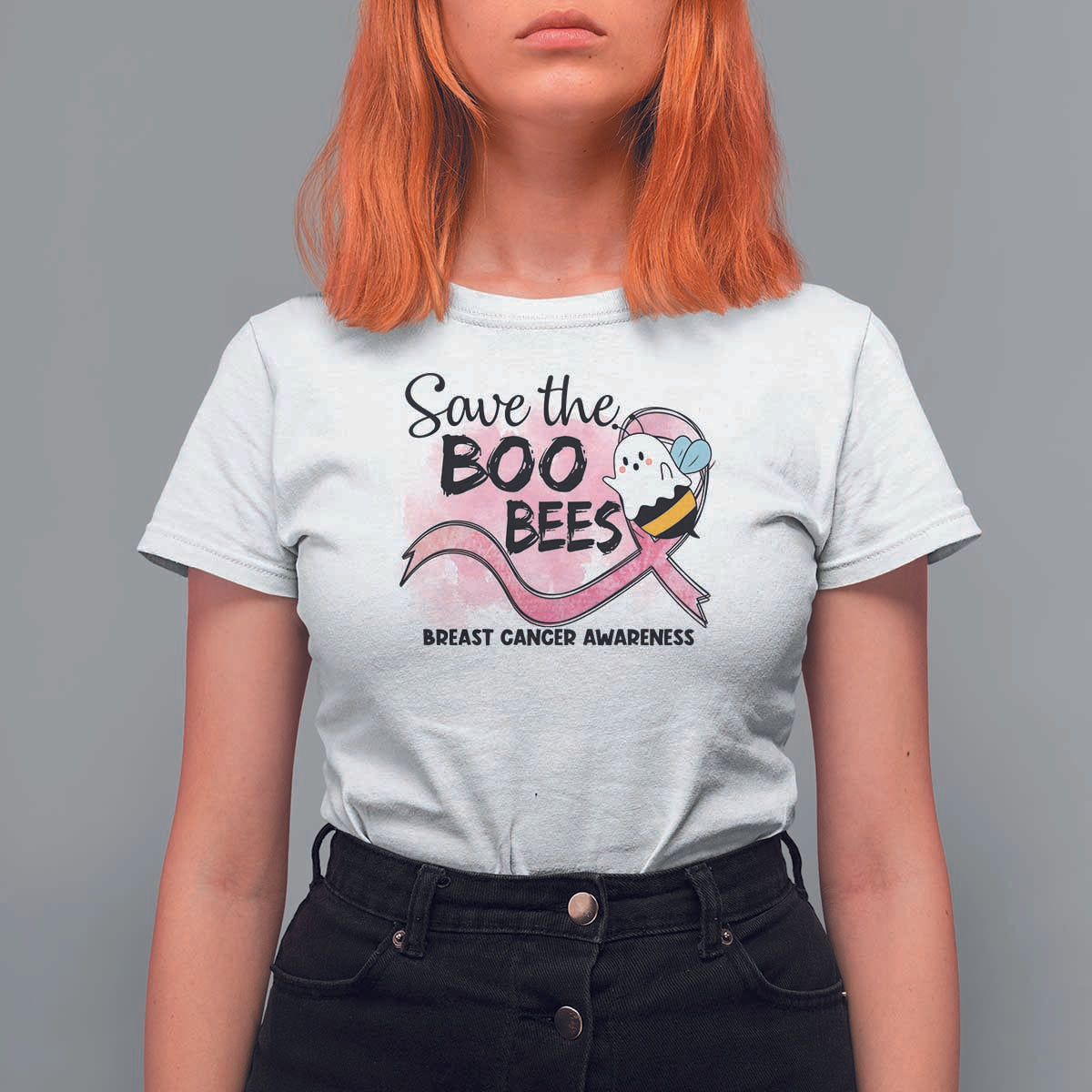 Funny Breast Cancer Halloween T Shirt For Women Save The Boobees Ghost Bee Pink Ribbon - Wonder Print Shop