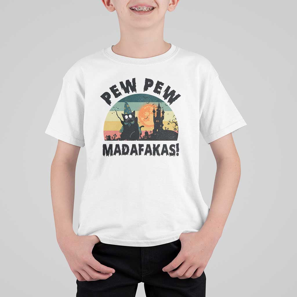 Funny Black Cat Halloween T Shirt For Kid Pew Madafakas Witch Retro Vintage Bat - Wonder Print Shop