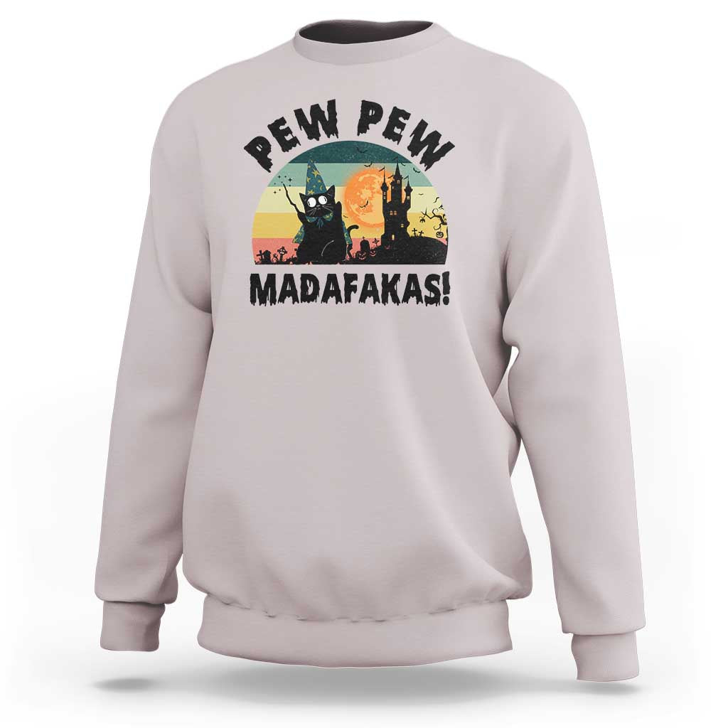 Funny Black Cat Halloween Sweatshirt Pew Madafakas Witch Retro Vintage Bat - Wonder Print Shop
