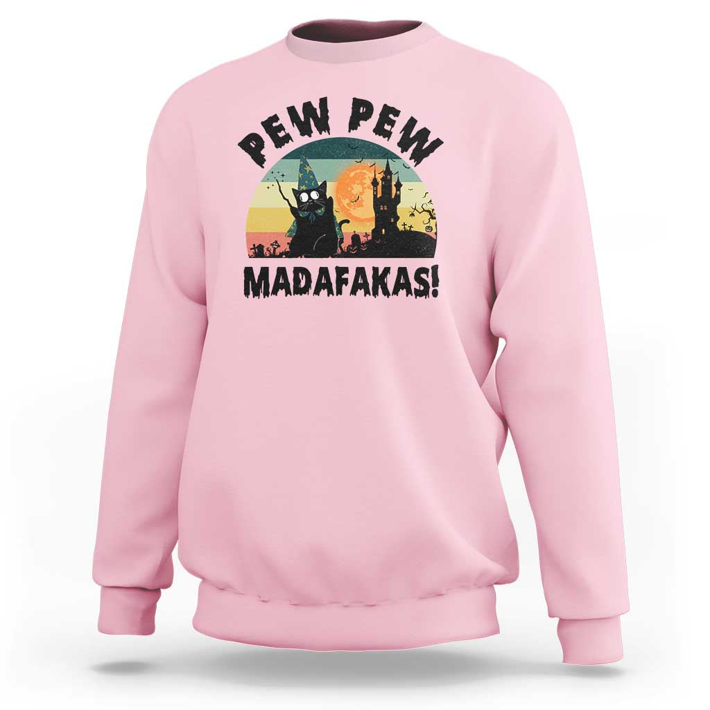 Funny Black Cat Halloween Sweatshirt Pew Madafakas Witch Retro Vintage Bat - Wonder Print Shop