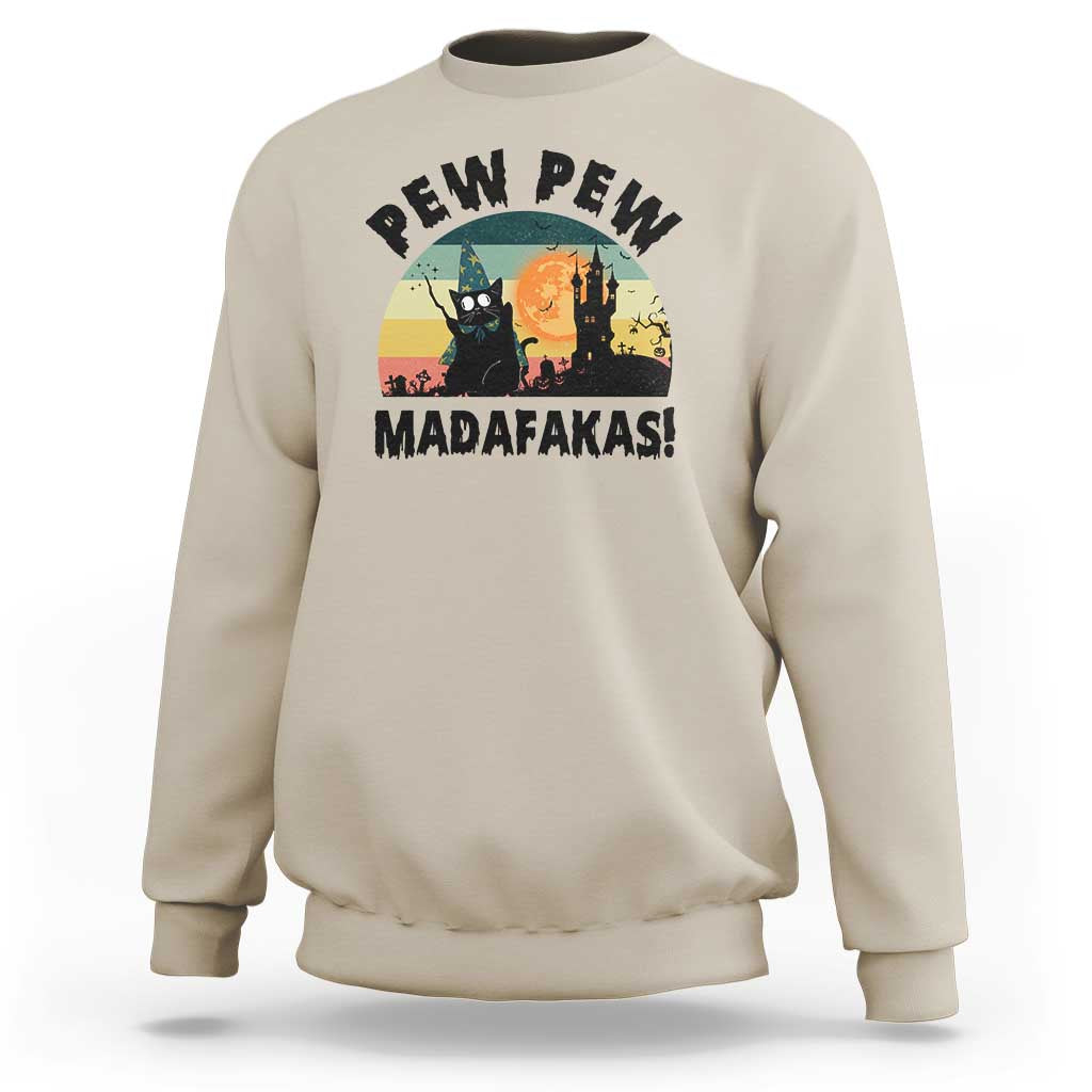 Funny Black Cat Halloween Sweatshirt Pew Madafakas Witch Retro Vintage Bat - Wonder Print Shop
