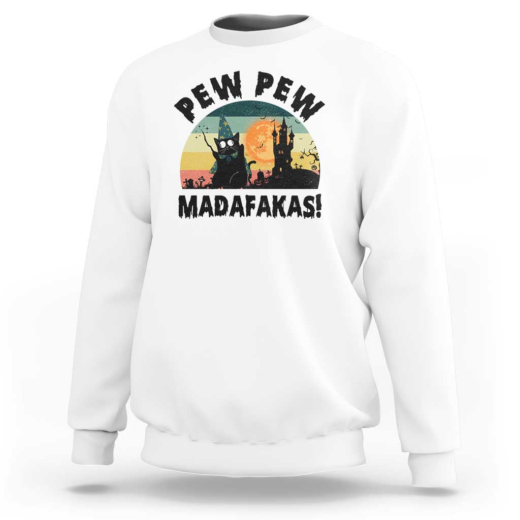 Funny Black Cat Halloween Sweatshirt Pew Madafakas Witch Retro Vintage Bat - Wonder Print Shop