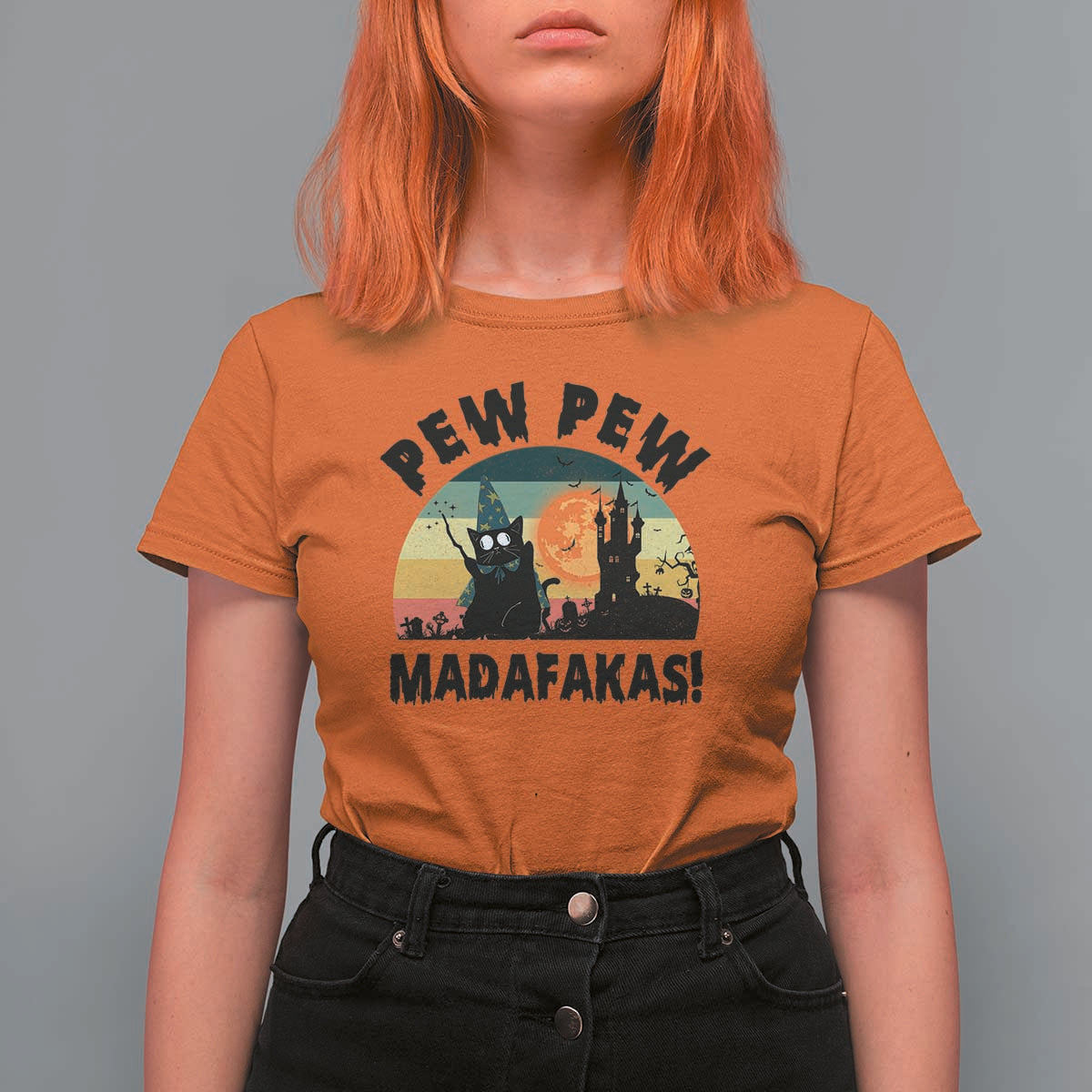 Funny Black Cat Halloween T Shirt For Women Pew Madafakas Witch Retro Vintage Bat - Wonder Print Shop