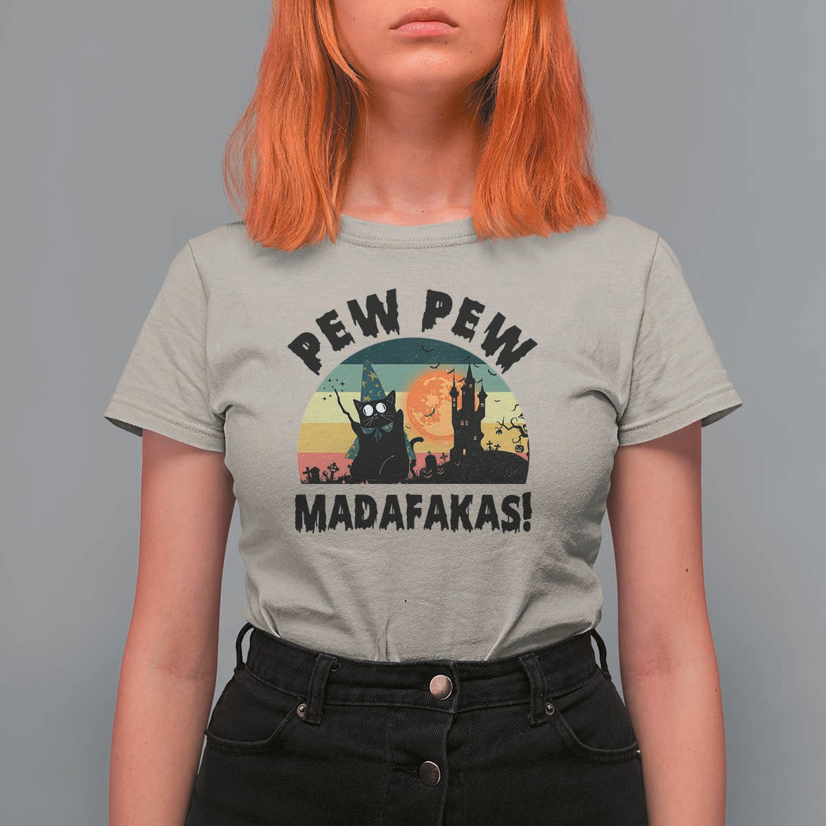 Funny Black Cat Halloween T Shirt For Women Pew Madafakas Witch Retro Vintage Bat - Wonder Print Shop