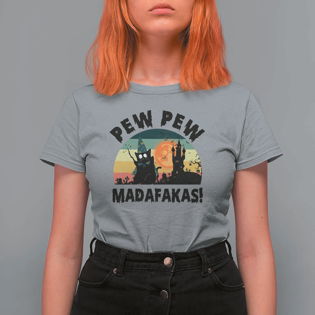 Funny Black Cat Halloween T Shirt For Women Pew Madafakas Witch Retro Vintage Bat - Wonder Print Shop
