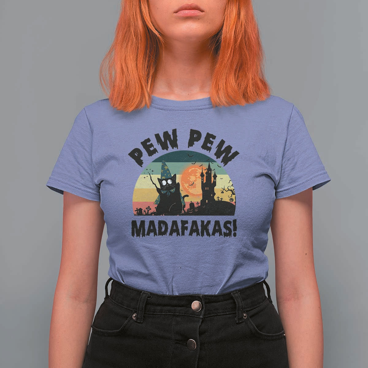 Funny Black Cat Halloween T Shirt For Women Pew Madafakas Witch Retro Vintage Bat - Wonder Print Shop