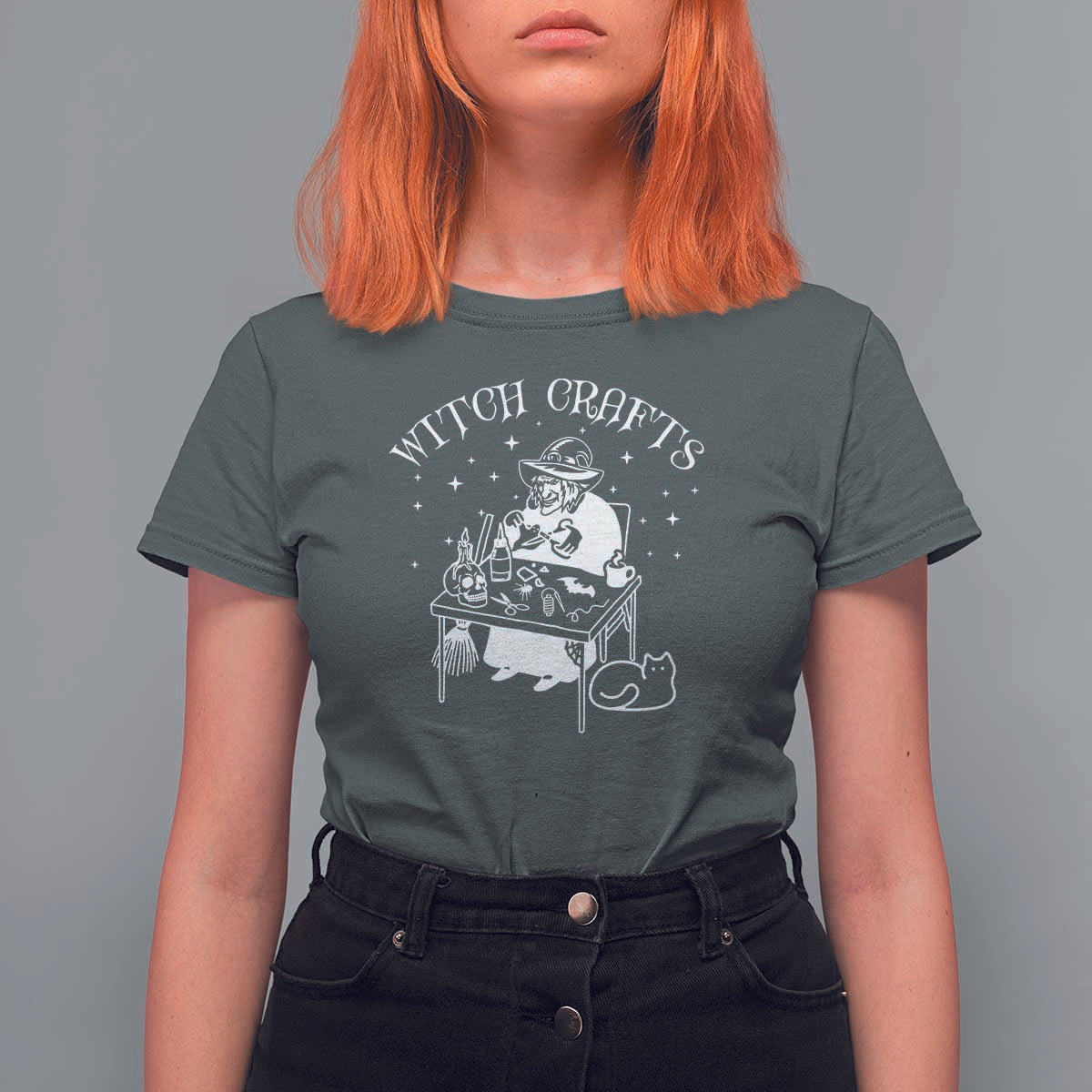 Funny Halloween T Shirt For Women Witch Crafts Witchcraft Skull Cat Ghost - Wonder Print Shop
