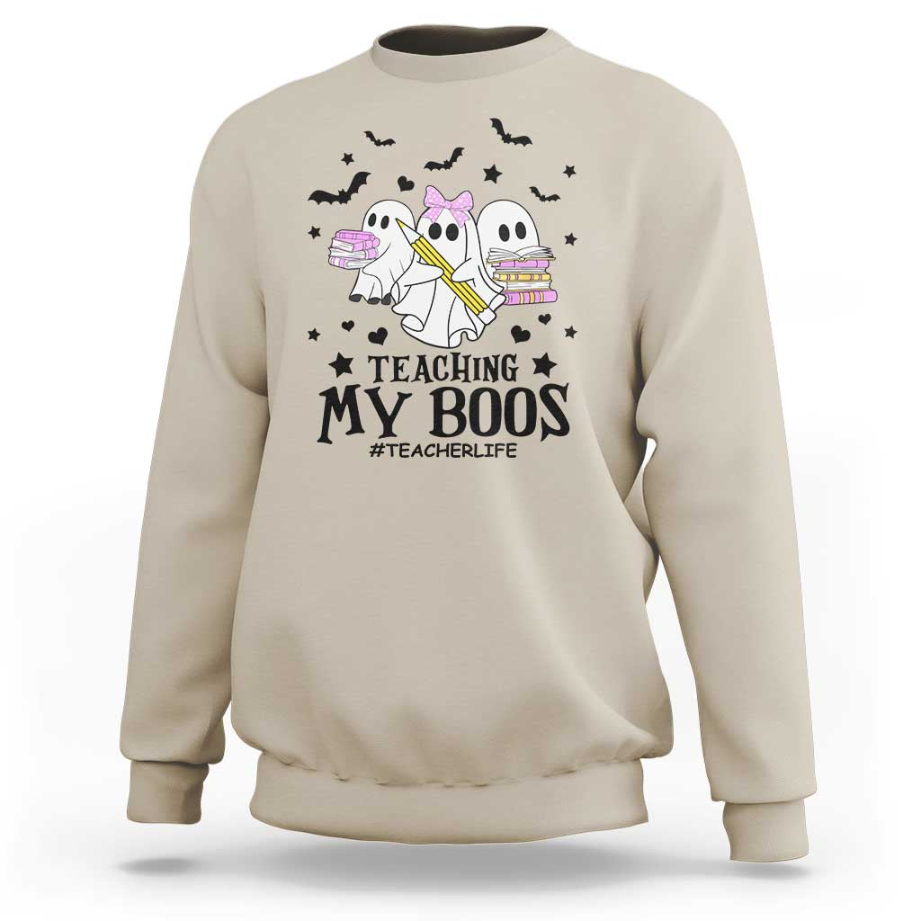 Funny Teacher Halloween Sweatshirt Teaching My Boos Teacherlife Ghost Pencil Book - Wonder Print Shop