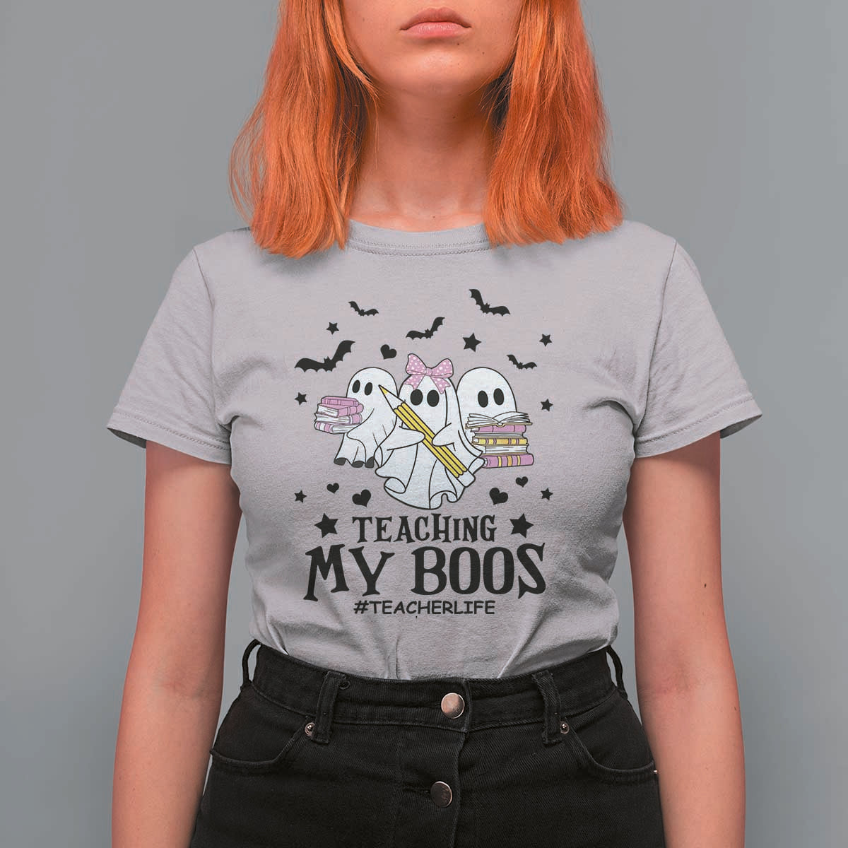 Funny Teacher Halloween T Shirt For Women Teaching My Boos Teacherlife Ghost Pencil Book - Wonder Print Shop
