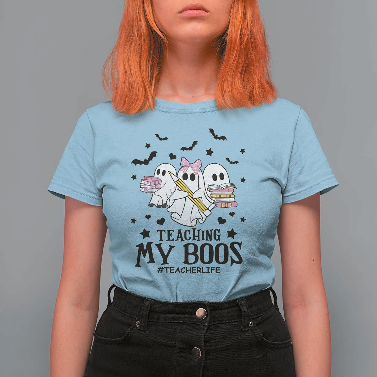 Funny Teacher Halloween T Shirt For Women Teaching My Boos Teacherlife Ghost Pencil Book - Wonder Print Shop