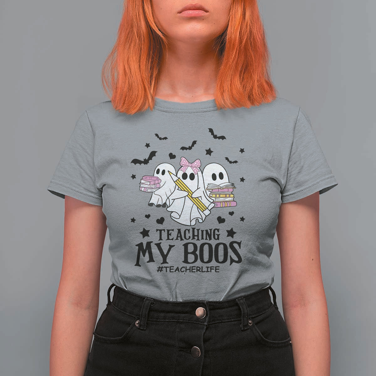 Funny Teacher Halloween T Shirt For Women Teaching My Boos Teacherlife Ghost Pencil Book - Wonder Print Shop