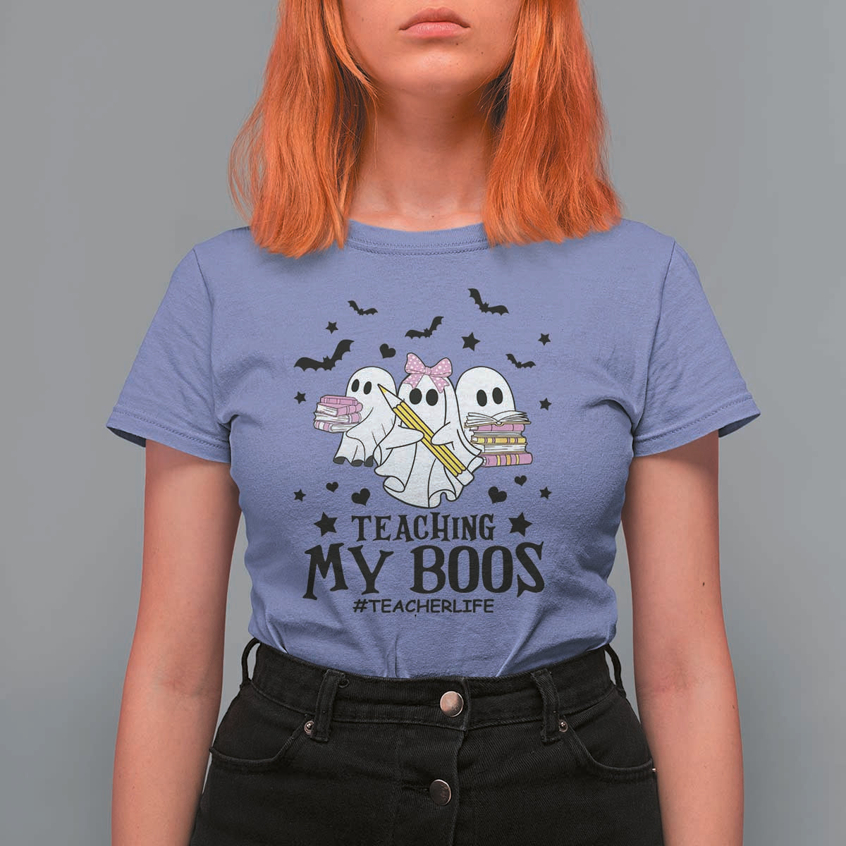Funny Teacher Halloween T Shirt For Women Teaching My Boos Teacherlife Ghost Pencil Book - Wonder Print Shop