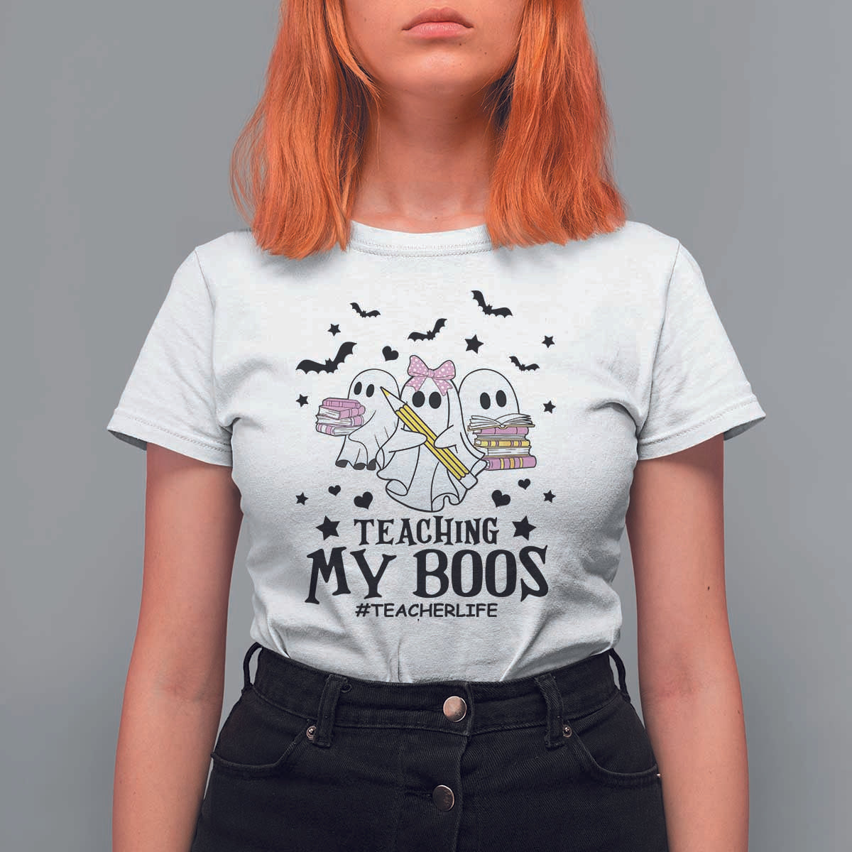 Funny Teacher Halloween T Shirt For Women Teaching My Boos Teacherlife Ghost Pencil Book - Wonder Print Shop