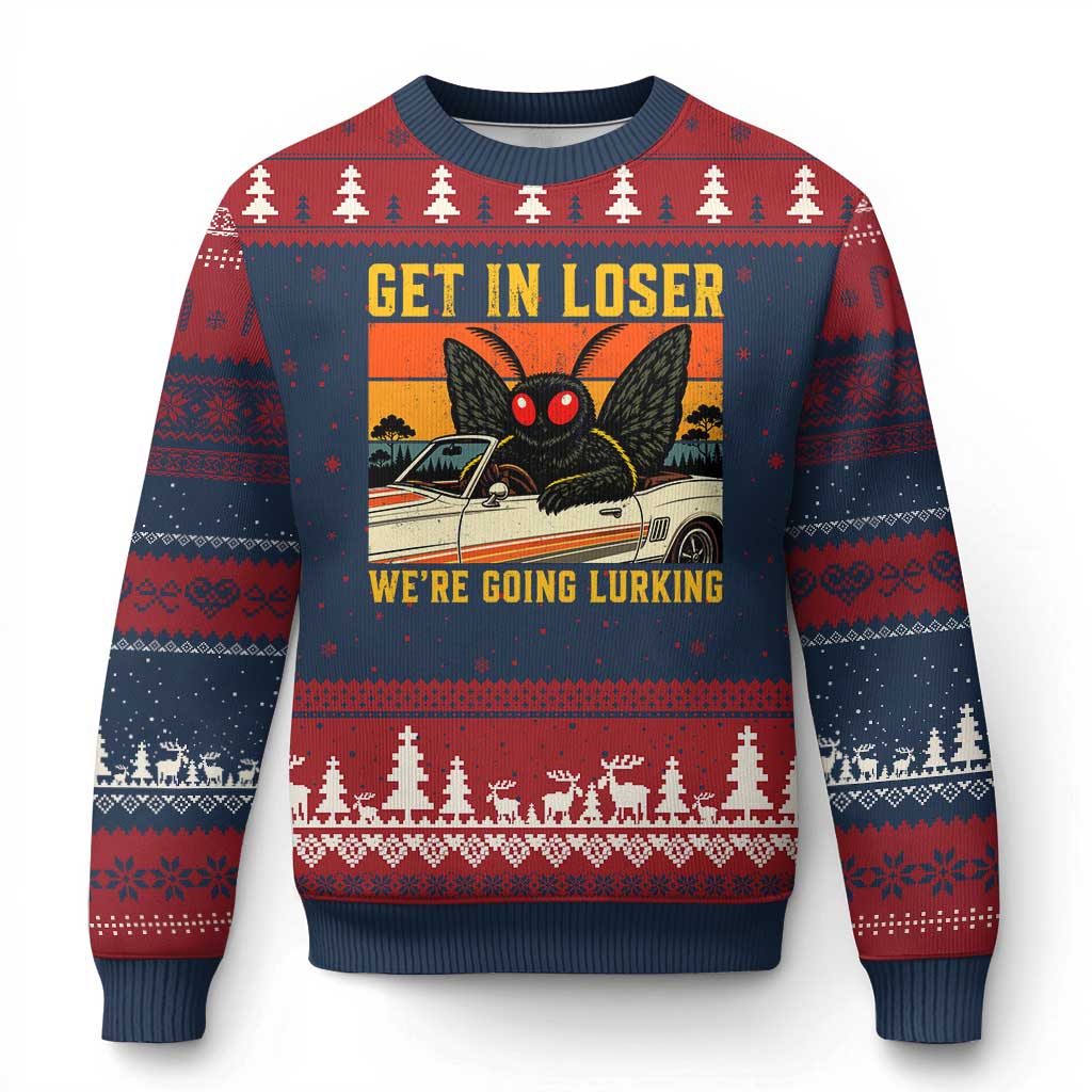 Get In Loser We Are Going Lurking Funny Mothman Ugly Christmas Sweater Cryptozoology Cryptid Lover