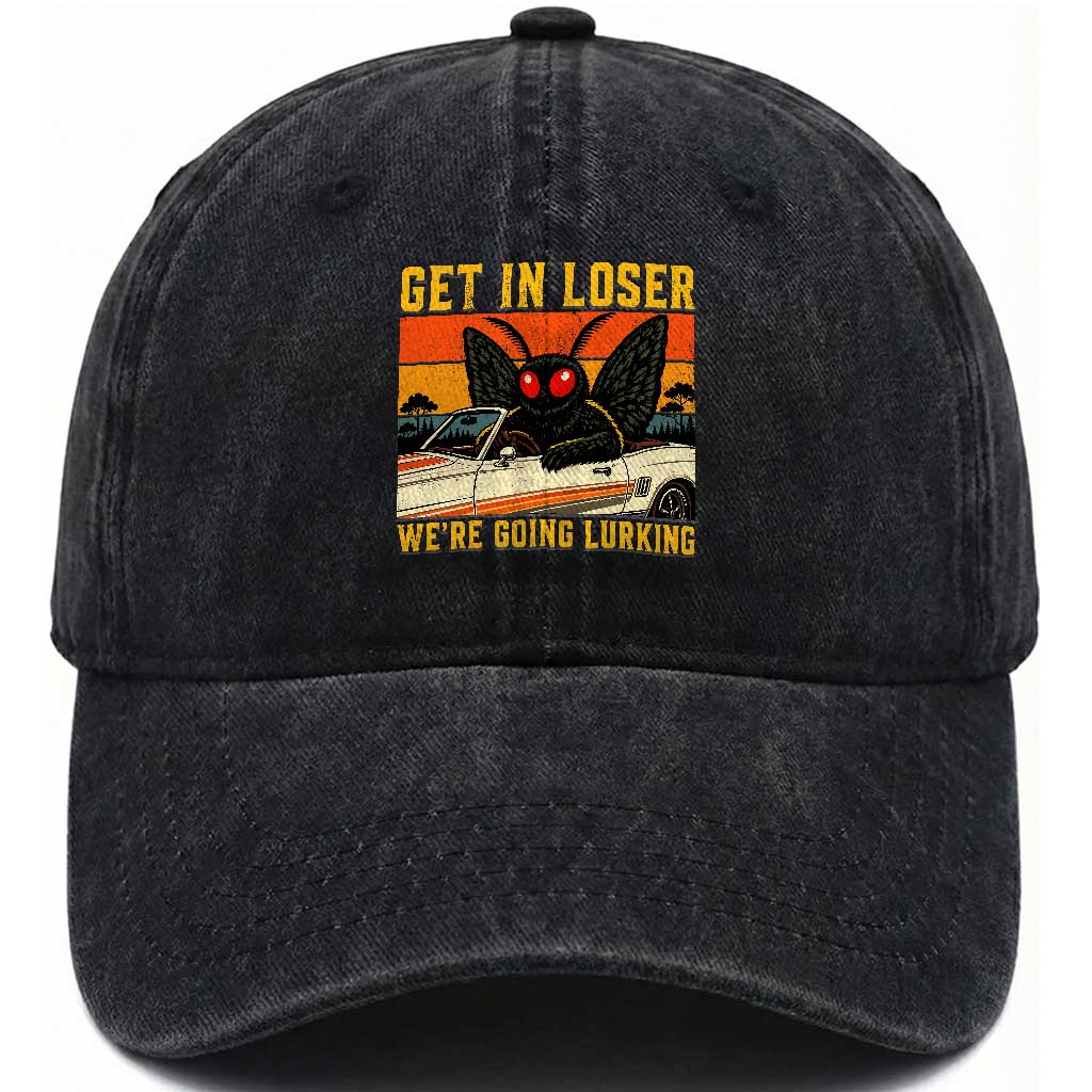 Get In Loser We Are Going Lurking Funny Mothman Washed Cotton Baseball Cap Cryptozoology Cryptid Lover