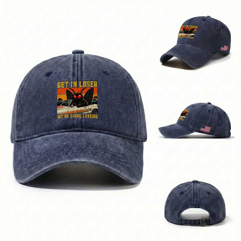 Get In Loser We Are Going Lurking Funny Mothman Washed Cotton Baseball Cap Cryptozoology Cryptid Lover