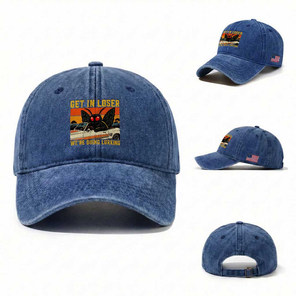 Get In Loser We Are Going Lurking Funny Mothman Washed Cotton Baseball Cap Cryptozoology Cryptid Lover