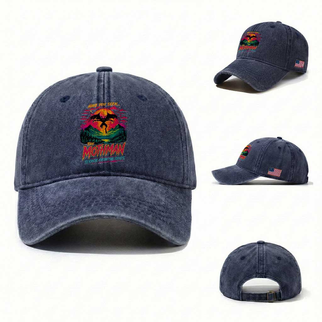 Funny Mothman Washed Cotton Baseball Cap Have You Seen The Mothman Terror From The Skies Cryptid Legends