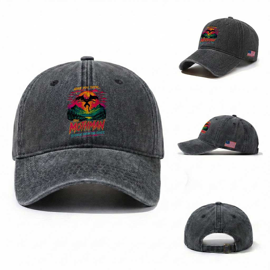 Funny Mothman Washed Cotton Baseball Cap Have You Seen The Mothman Terror From The Skies Cryptid Legends