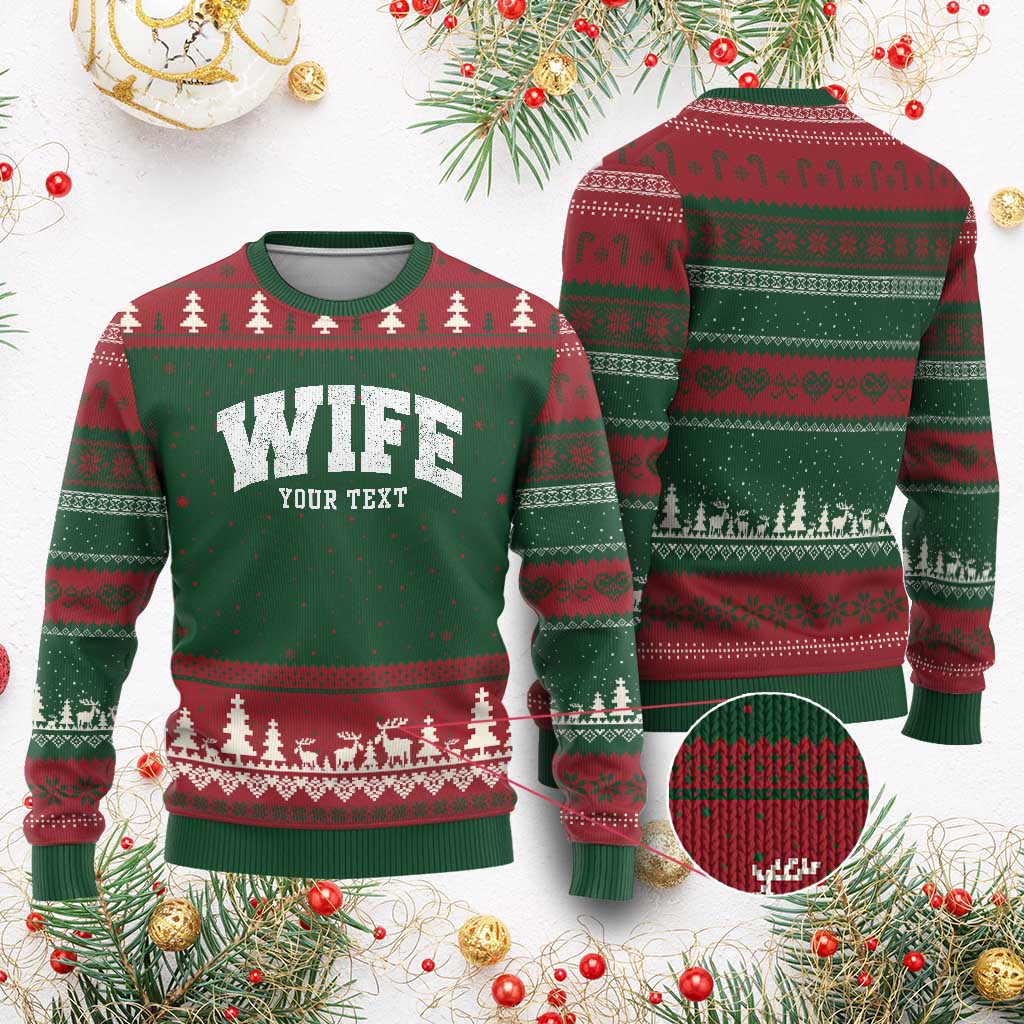 Personalized Wife Ugly Christmas Sweater Custom Text Name Wifey Marriage Anniversary Couple Gift